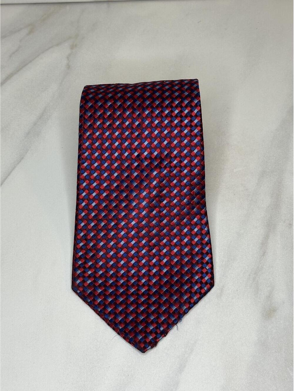Tommy Hilfiger classic red/burgundy/blue/lt blue micro check 100% silk tie